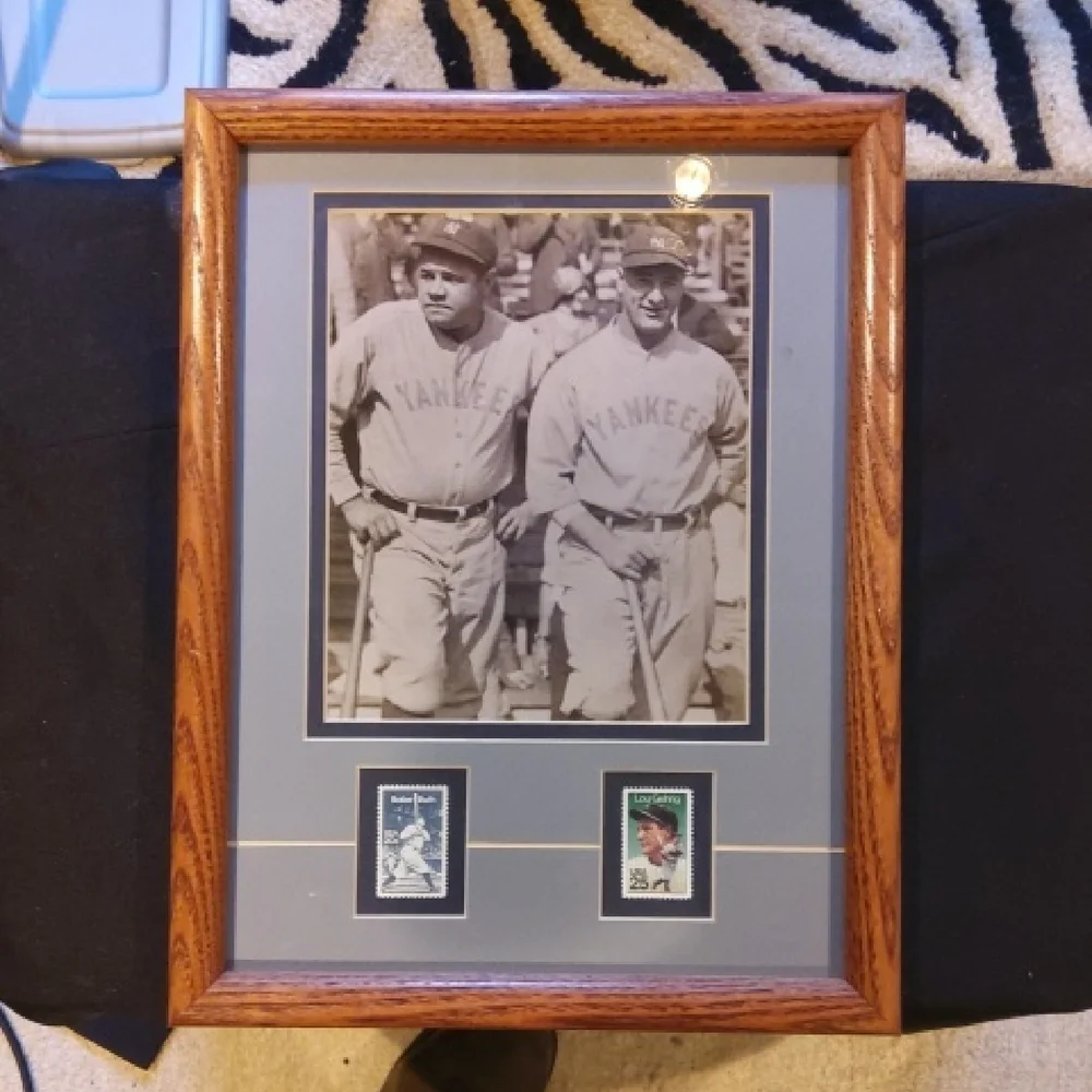 Babe Ruth And Lou Gherig Baseball Photo with Stamps - Picture 1 of 1